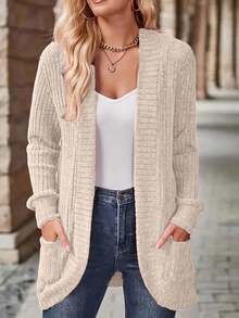 EMERY ROSE Women's Solid Color Long Sleeve Ribbed Pocket Design Casual Regular Jacket, Autumn - Apricot - View 8