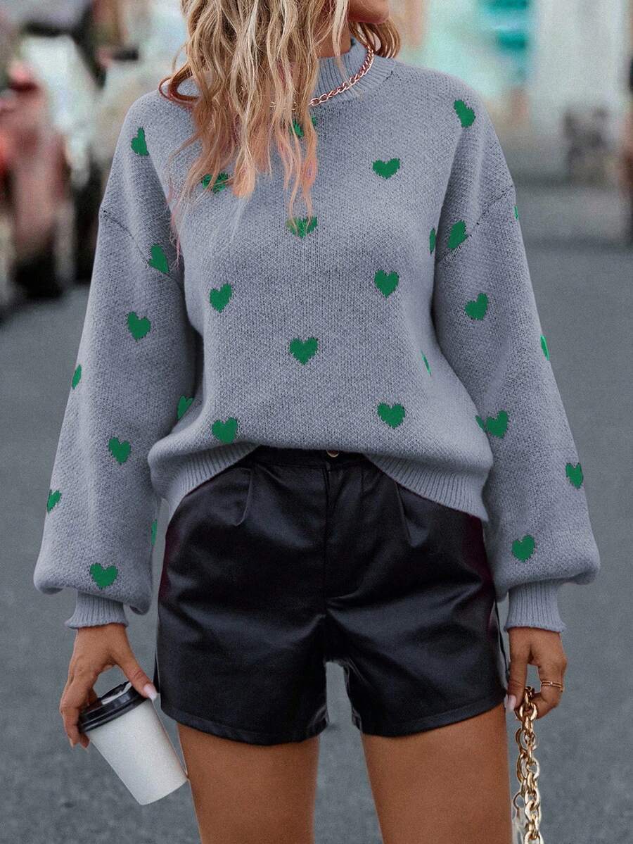SHEIN LUNE Sweater Pullover Wanita Kasual Motif Hati dengan Bahu Longgar - Grey - View 1