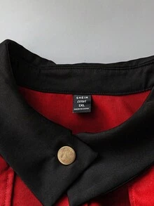 Sweetra Chaqueta de línea A de manga larga con cintura ceñida, cuello alto y parches de color para otoño/invierno, talla grande - Rojo - Ver 4