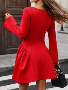 INAWLY Gaun Pendek Lengan Panjang Warna Polos Elegan untuk Wanita - Merah - View 2
