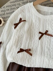 LMoss Kids Bộ đồ đôi LMoss French Chic cho bé gái tuổi teen, gồm áo thun cổ tròn màu trơn và chân váy mini bằng da PU, chân váy da trẻ em, chân váy da màu nâu, chân váy da dài tay cho bé gái, áo trắng, phong cách ấm áp mùa thu đông. - Đen và trắng - Xem 6