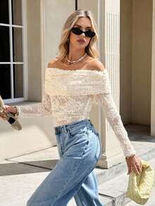 SHEIN Frenchy Blusa elegante de mujer con hombros descubiertos y bordado de encaje, para otoño/invierno