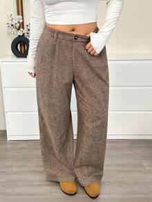 SHEIN EZwear Plus Size Brown Plaid Woolen Suit Pants, Autumn/Winter Baggy - Brown - View 3