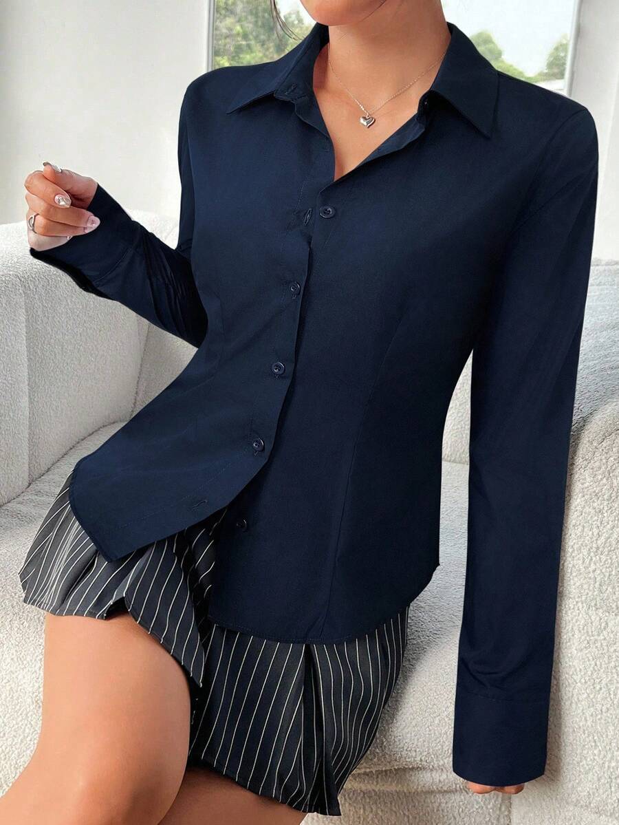 SHEIN EZwear 女式简约休闲海军蓝长袖衬衫,秋季 - 藏蓝色 - 查看 1