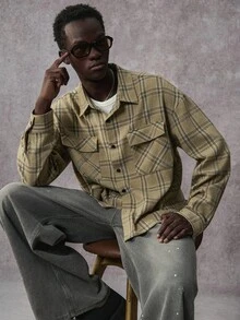 STYNVO 男士格子休闲长袖衬衫 男士短款纽扣衬衫 男士外套衬衫 格子衬衫，秋季 - 卡其色 - 查看 4