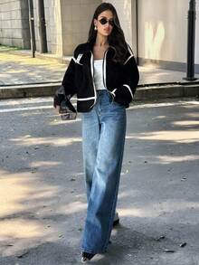 Firerie Abrigo elegante de manga larga con falso pelo y contraste de color para mujer