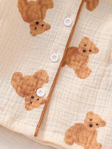 2 件套新生女童可爱蝴蝶结图案长袖上衣和裤子休闲舒适睡衣套装 - 杏色 - 查看 5