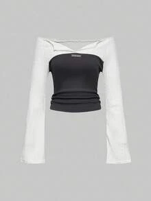 ROMWE Grunge Punk Women's Fitted Off-Shoulder Textured Flare Sleeve Blouse - Multicolor - View 1