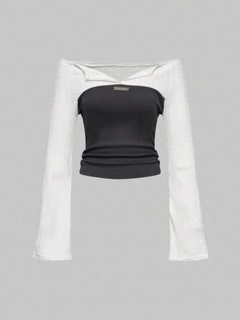 Grunge Punk بلوزة نسائية ذات أكمام مسترخية وبأكتاف منكشفة بتصميم منسدل وملمس متداخل