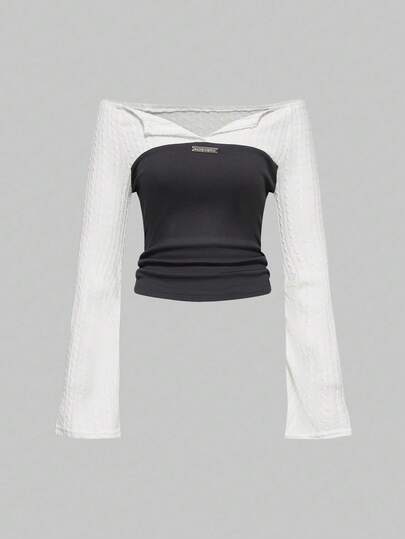 Grunge Punk بلوزة نسائية ذات أكمام مسترخية وبأكتاف منكشفة بتصميم منسدل وملمس متداخل