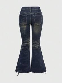 ROMWE Grunge Punk Vintage Distressed Denim Flare Jeans With Tie Belts & Mini Raccoon Decor, Shibuya Girl Style - Dark Grey - View 6