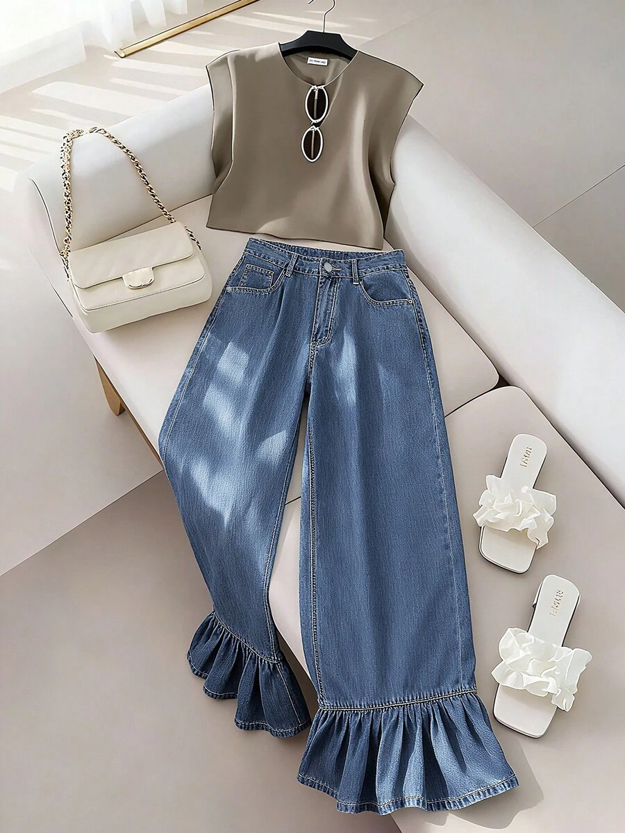 GlowEve Women's Denim Wide Leg Pants With Ruffle Hem - Medium Wash - View 1