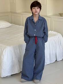 DAZY Tween Boy 条纹印花落肩宽松长袖上衣和裤子睡衣套装，春秋季 - 藍色 - 查看 4