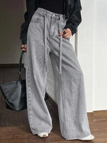 Livesso Women's Vintage Washed Loose Casual Street Outdoor Design Drawstring Waist Straight Leg Jeans, Suitable For Autumn & Spring - Grey - View 5