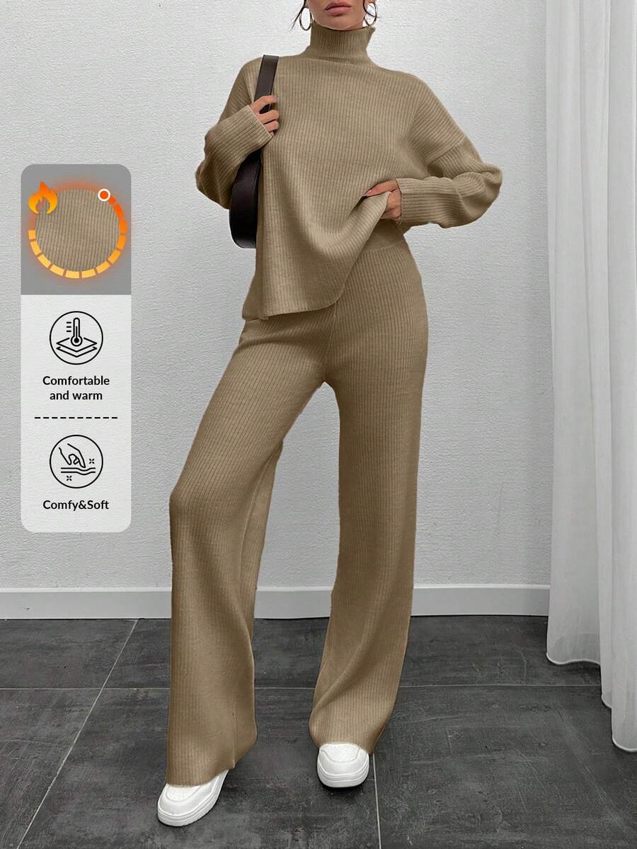 EURMUSE Women Solid Color Rib Knit Drop Shoulder High Neck Pullover & Sweater Pants Set,Petite,Winter Clothes - Beige - View 1