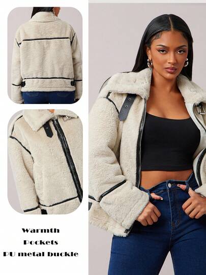 Radiana 女士秋冬人造毛领加厚宽松机车风拉链夹克，时尚百搭