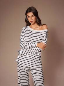 Lazeform Striped Print Casual Asymmetric Neck Women Lounge Set Fall Winter Clothes - Apricot - View 4