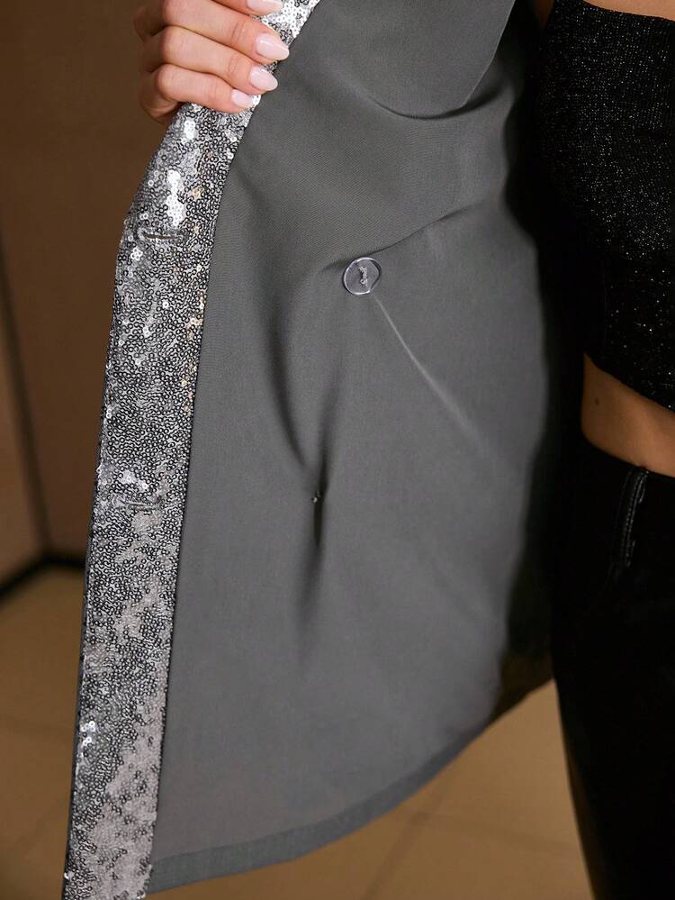 WOMEN'S ELEGANT CONTRAST SEQUIN PEAK COLLAR BLAZER