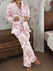 SHEIN 中国风山水人物印花长袖上衣和裤子睡衣套装，带领，秋冬服装 - 粉色 - 查看 4