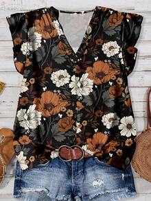 Rusticease Áo sơ mi nữ cổ chữ V họa tiết hoa cổ điển, phù hợp cho mùa thu - Nhiều màu - Xem 1