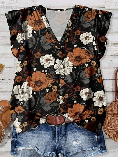 Rusticease Women's V-Neck Vintage Floral Casual Shirt, Suitable For Autumn V Neck Blouses For Women Floral Top Flower Blouses For Women Fall Clothes For Women