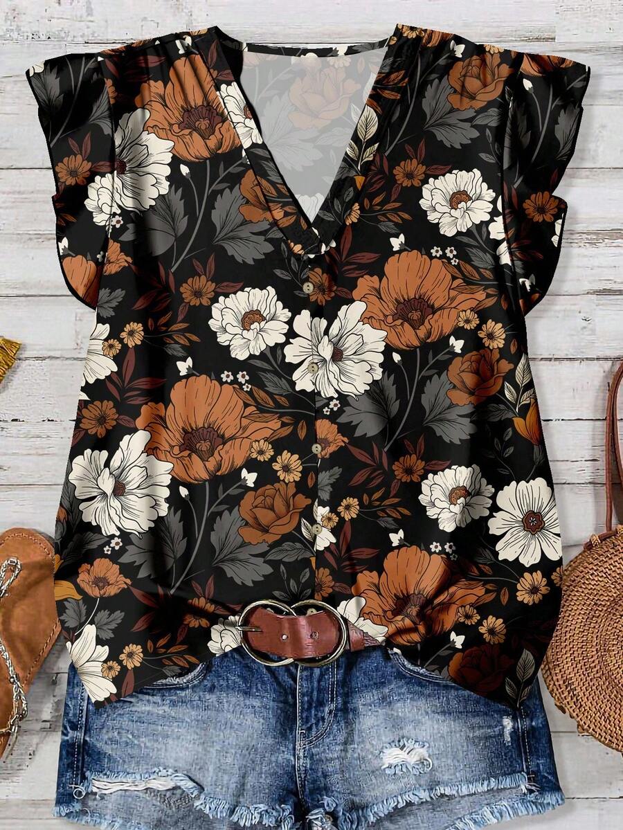 Rusticease Áo sơ mi nữ cổ chữ V họa tiết hoa cổ điển, phù hợp cho mùa thu - Nhiều màu - Xem 1