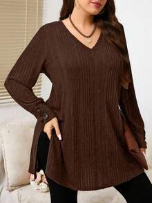 EMERY ROSE Plus Size Casual Solid Color Side Slit T-Shirt, Autumn Fall - Brown - View 5