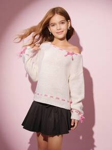 SHEIN Fall Winter Vintage Tween Girls Sweaters - White - View 4