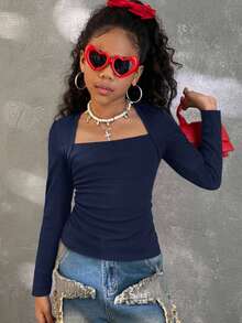 Coolane Tween Girls Fall Fashionable Snug Fit T-Shirt With Raglan Sleeves, U-Neck, Ruched Waist, Stretchy - Navy Blue - View 4