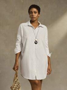 SHEIN LUNE CURVE Plus Size Women Loose Slimming Concealing Casual Elegant Long Shirt Collar Dress - White - View 3