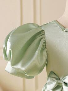 Glamorique Kids Baby Girls' Elegant Satin Puff Sleeve Vintage Bow Decor Peplum Dress, Formal Outfit Sage Green Baby Girl Dress Satin Dress Baby
