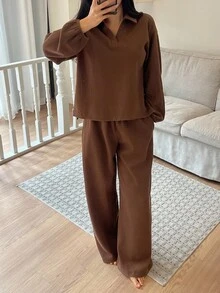 DAZY 女士极简针织上衣和裤子家居服套装，秋季睡衣，舒适秋冬装 - 棕色 - 查看 6