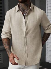 Manfinity CasualCool 男士纯色条纹提花休闲翻领长袖衬衫 - 杏色 - 查看 7