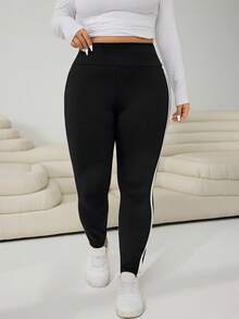SHEIN EZwear 大码撞色休闲紧身裤 - 黑色 - 查看 6