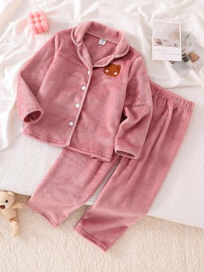 Genkimix Kids 2pcs/Set Young Girl' Simple Bear Pattern Long Sleeve Top And Pants Casual Comfortable Pajamas, Light Pink Girls Lounge Set Teddy Bear Pajama Set Girls Comfy Set Kids Collar Neck Long Pajama Sets Fall Winter