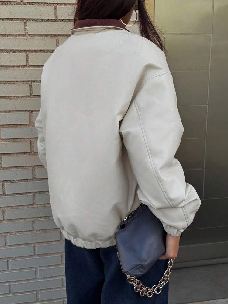 Women's Padded Coat With Contrast Color Patchwork And Lantern Sleeves, Thick And Warm For Autumn/Winter Jacket Leather Jacket
