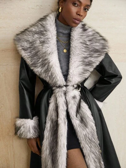 Aveloria Modichic 优雅淑女白黑皮草拼色翻领长外套，融合朋克与复古风，街头派对时尚，彰显个人魅力