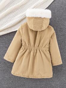 SHEIN Girls' Cinched Waist Hooded Padded Coat, Zipper Closure, Faux Drawstring, Slim Fit Padded Coat Fall Winter