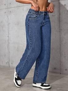 SHEIN PETITE Pantalones vaqueros casuales y versátiles de pierna ancha y bolsillos para mujer - Azul lavado oscuro - Ver 4
