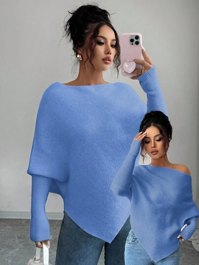 Elenzga Women's Asymmetrical Batwing Sleeve Crew Neck Casual Elegant Knit Sweater Top, Versatile For Vacation & Holidays, Spring/Autumn/Winter