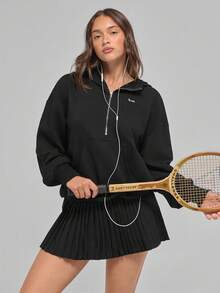 Fluxe Damska luźna bluza z dzianiny w jednolitym kolorze na jesień/zimę - Czarne - Zobacz 2