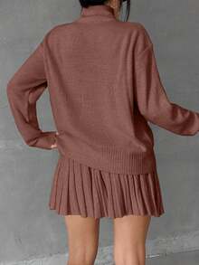 EURMUSE 女士纯色拉链领落肩套头衫和毛衣裙套装 - 藕粉色 - 查看 4