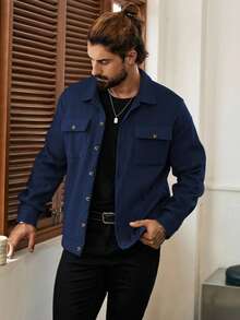 Manfinity Homme 男士长袖短款休闲针织外套，秋冬款，复古风格 - 藏蓝色 - 查看 4