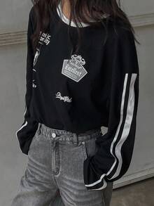 DAZY Women's Crew Neck Striped Long Sleeve Printed Fashion T-Shirt Preppy Tops Fall Tops