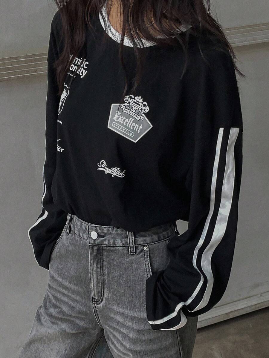 DAZY Women's Crew Neck Striped Long Sleeve Printed Fashion T-Shirt Preppy Tops Fall Tops