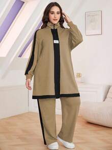 Lacomfia 2pcs Plus Size Casual Color Block Stand Collar Loose Top And Pants Set, Autumn 2 Pieces Set - Khaki - View 1