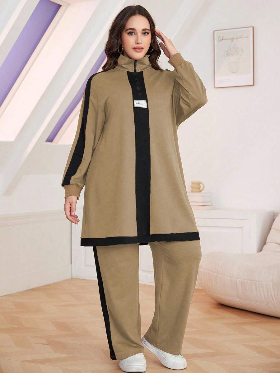 Lacomfia 2pcs Plus Size Casual Color Block Stand Collar Loose Top And Pants Set, Autumn 2 Pieces Set - Khaki - View 1