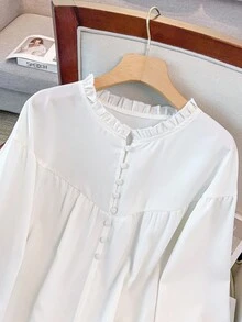 GlowEve CURVE Plus Size Women's Solid Color Frill Trim Round Neck Long Sleeve Button Design Casual Shirt - White - View 4