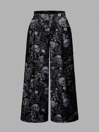 Goth Pantaloni da donna taglie forti con stampa gotica di teschi scuri, streghe e foglie misteriose