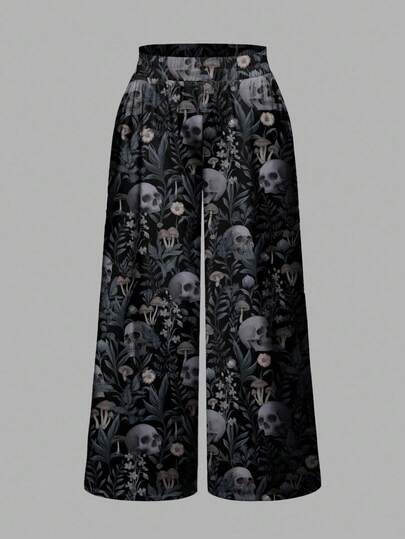 ROMWE Spring Vacation Flower Black Gothic Dark Skull, Witch, Mysterious Leaf Print Plus Size Women Pants